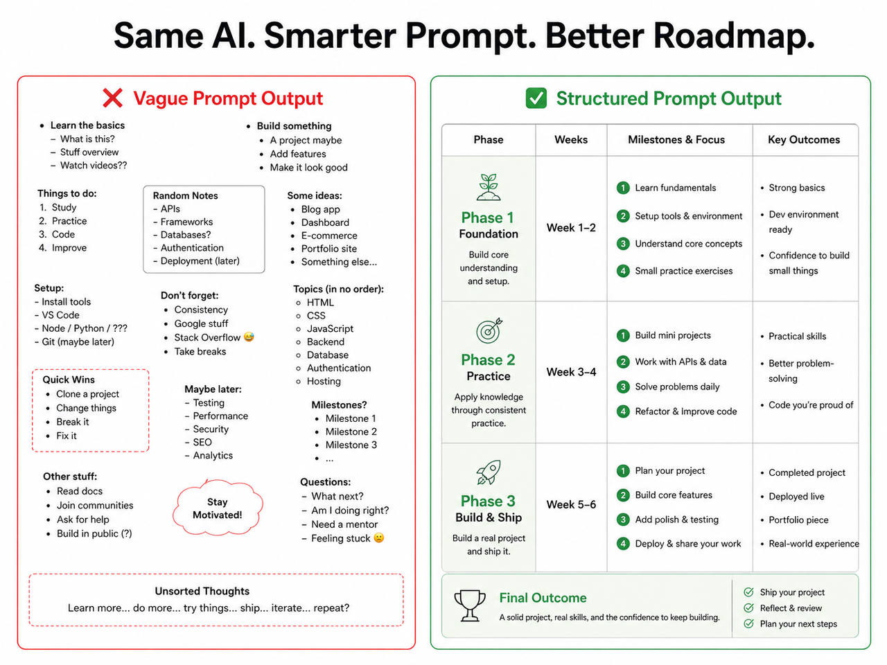prompt for learning roadmap AI bad vs good output side by side comparison