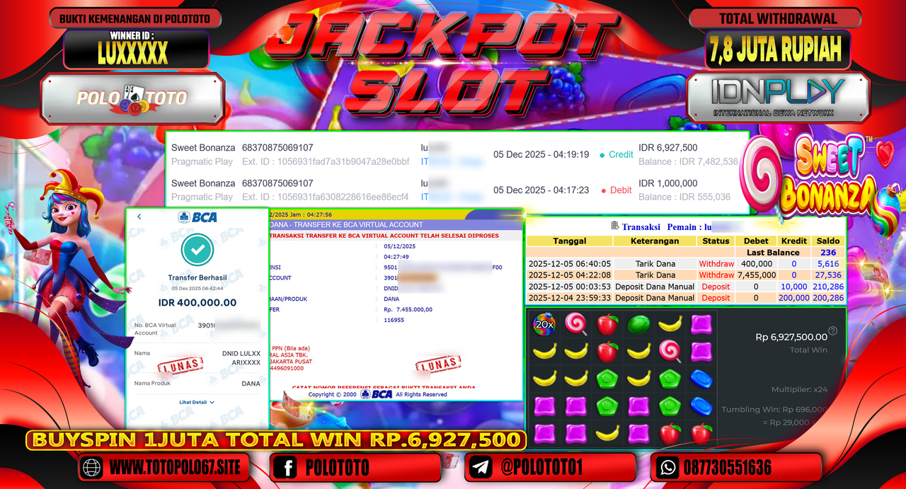 POLOTOTO JACKPOT SLOT SWEET BONANZA Rp.7.800.000,- LUNAS