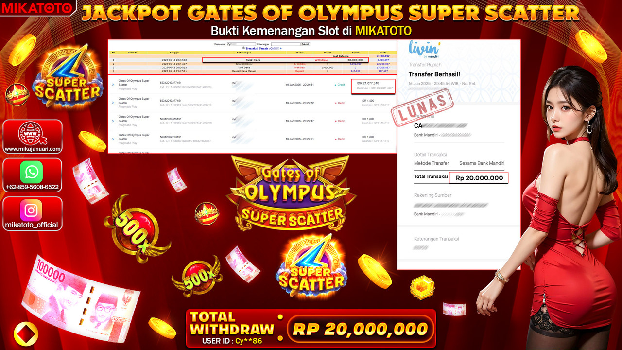 🏆 SELAMAT KEPADA PEMENANG JACKPOT DI Gates Of Olympus Super Scatter 20,000,000🏆