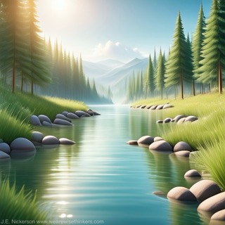 Sunlight filtering through trees over a gentle stream flowing through a lush green forest.