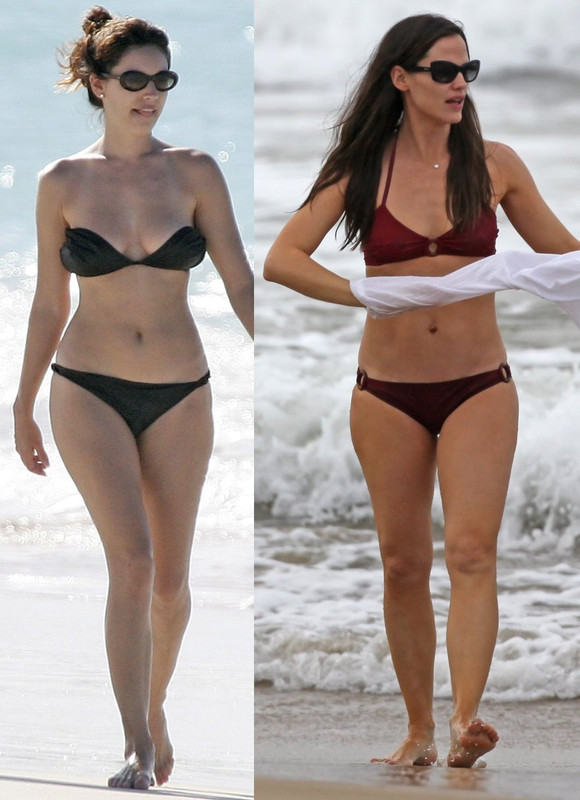 Avec une silhouette longiligne et les cheveux brun clair sans soutien-gorge (taille 34B) en bikini sur la plage
