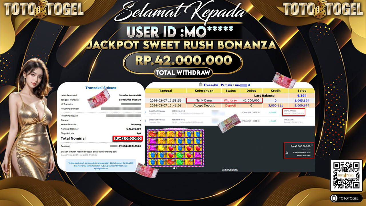 Bukti Pembayaran Jackpot Permainan Slot Sweet Rush Bonanza ID:MO*****LUNAS