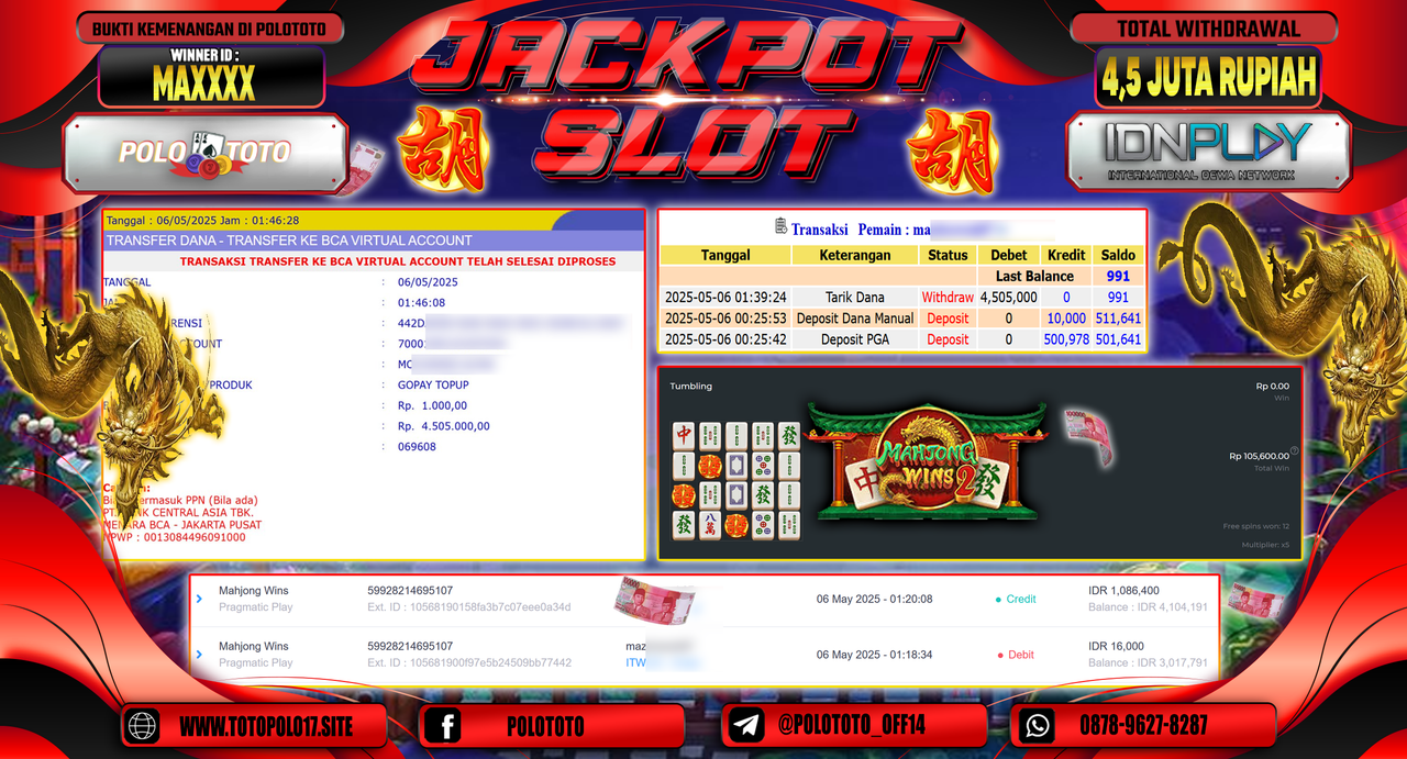 POLOTOTO JACKPOT SLOT MAHJONG WINS Rp.4.505.000,-