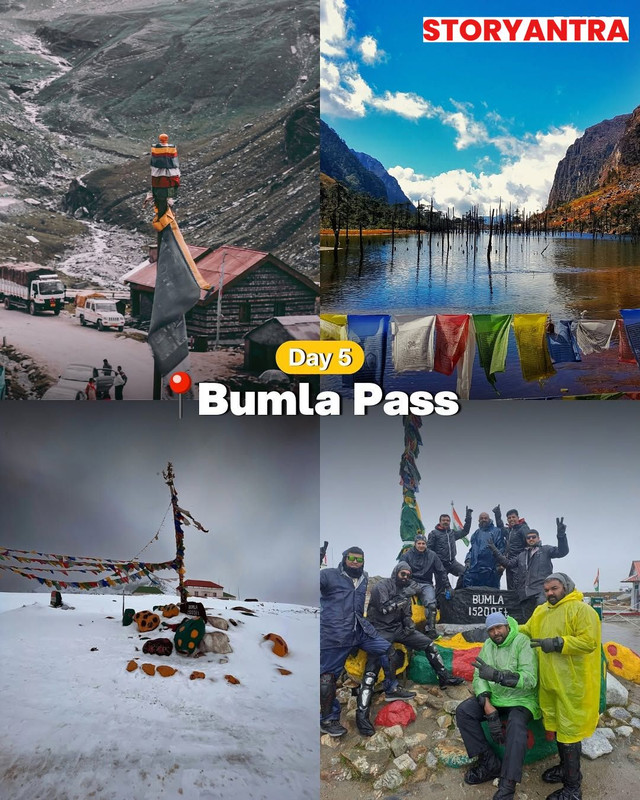 Indian Army post and border flags at snowy Bumla Pass, Indo-China border