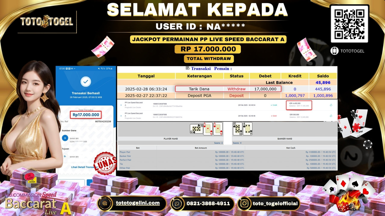 Bukti Pembayaran Jackpot  Permainan Pp Live Speed Baccarat A  ID:NA***** LUNAS