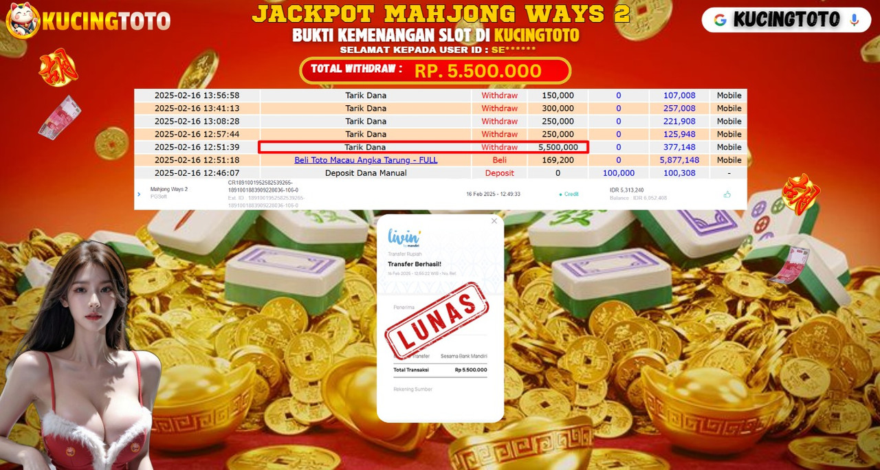 KUCINGTOTO JACKPOT SLOT MAHJONG WAYS 2  RP.5.500.000.,- LUNAS