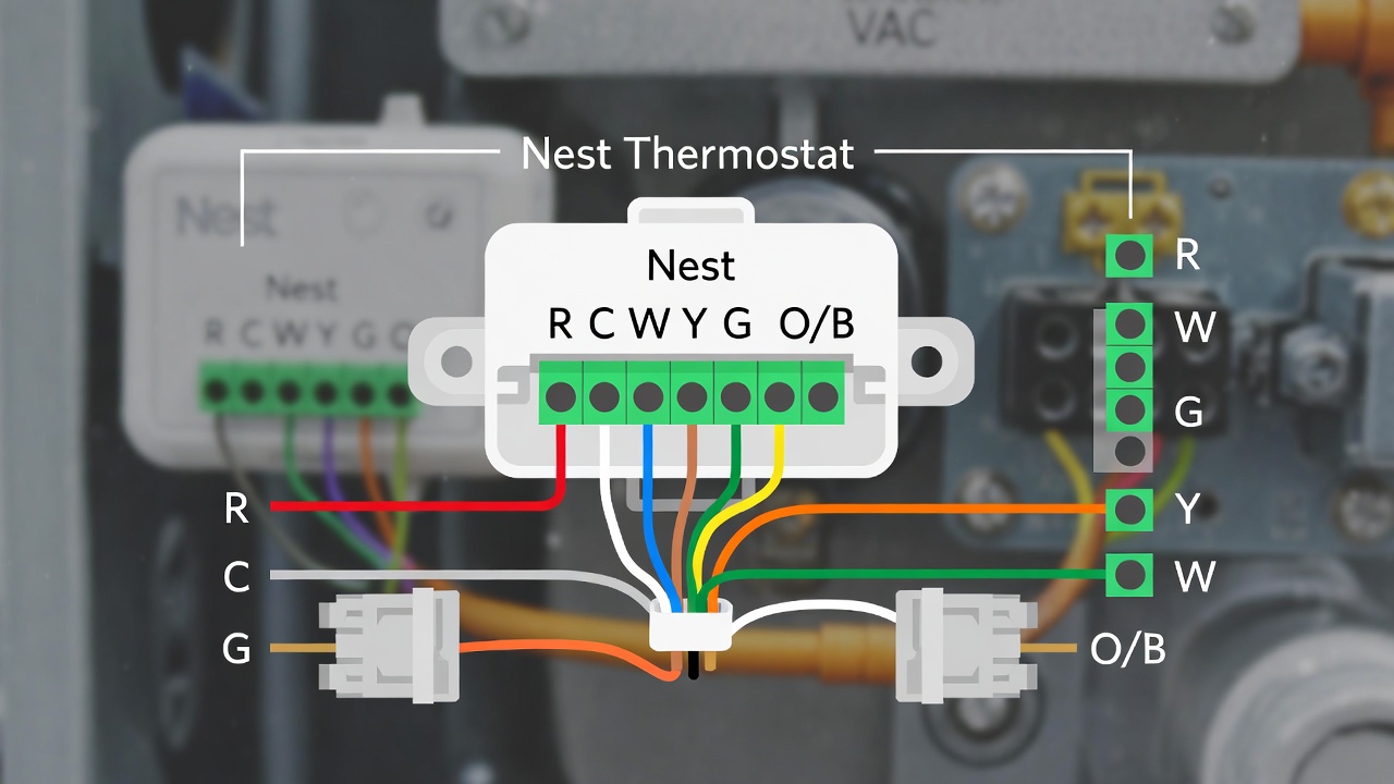 Nest Thermostat wiring configuration showing labeled terminals and color-coded wire connections