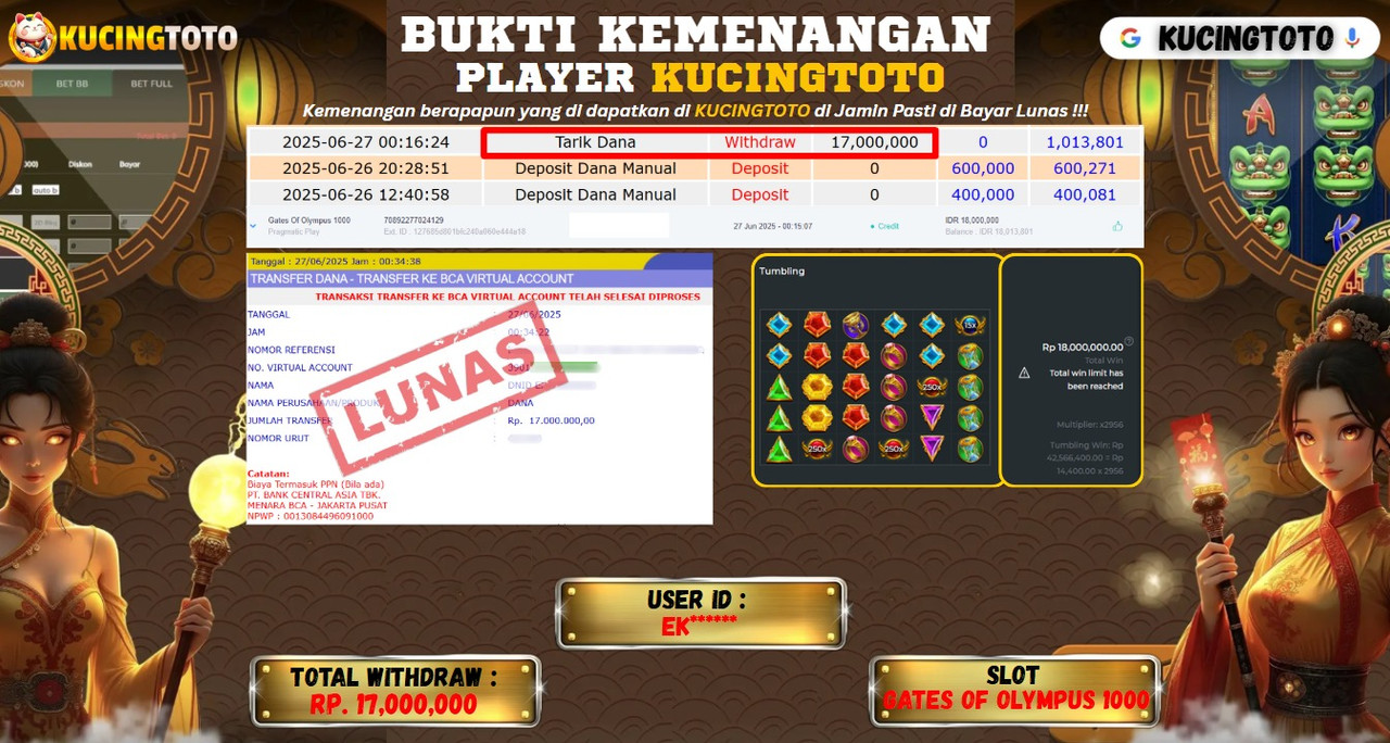 KUCINGTOTO JACKPOT SLOT GATES OF OLYMPUS 1000 RP.17.000.000.,- LUNAS