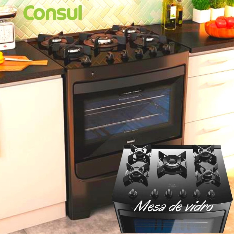 Fogão Consul 5 bocas Preto com mesa de vidro e grades individuais de ferro fundido – CFS5VAE – Bivolt