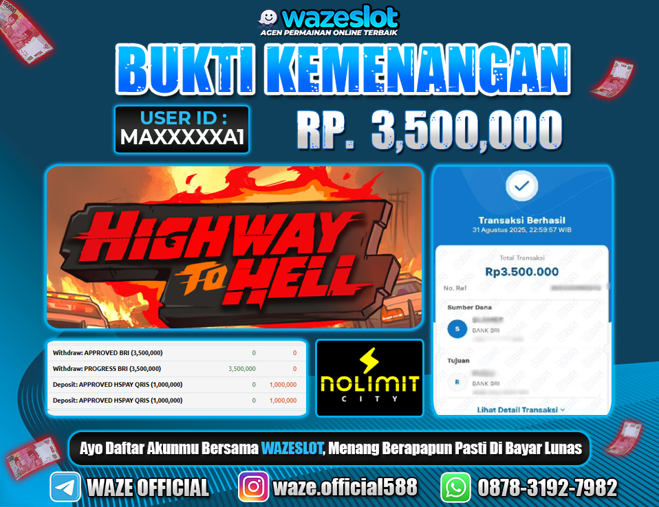 BUKTI KEMENANGAN 01 SEPTEMBER 2025 GAME HIGHWAY TO HELL ( NOLIMIT CITY ) 