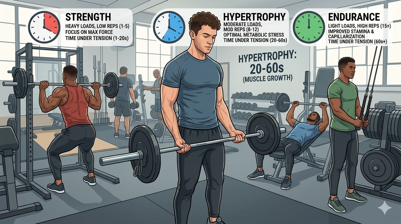 Infographic showing time under tension categories with clock icons strength 1-20s hypertrophy 20-60s endurance 60s+ for natural lifters
