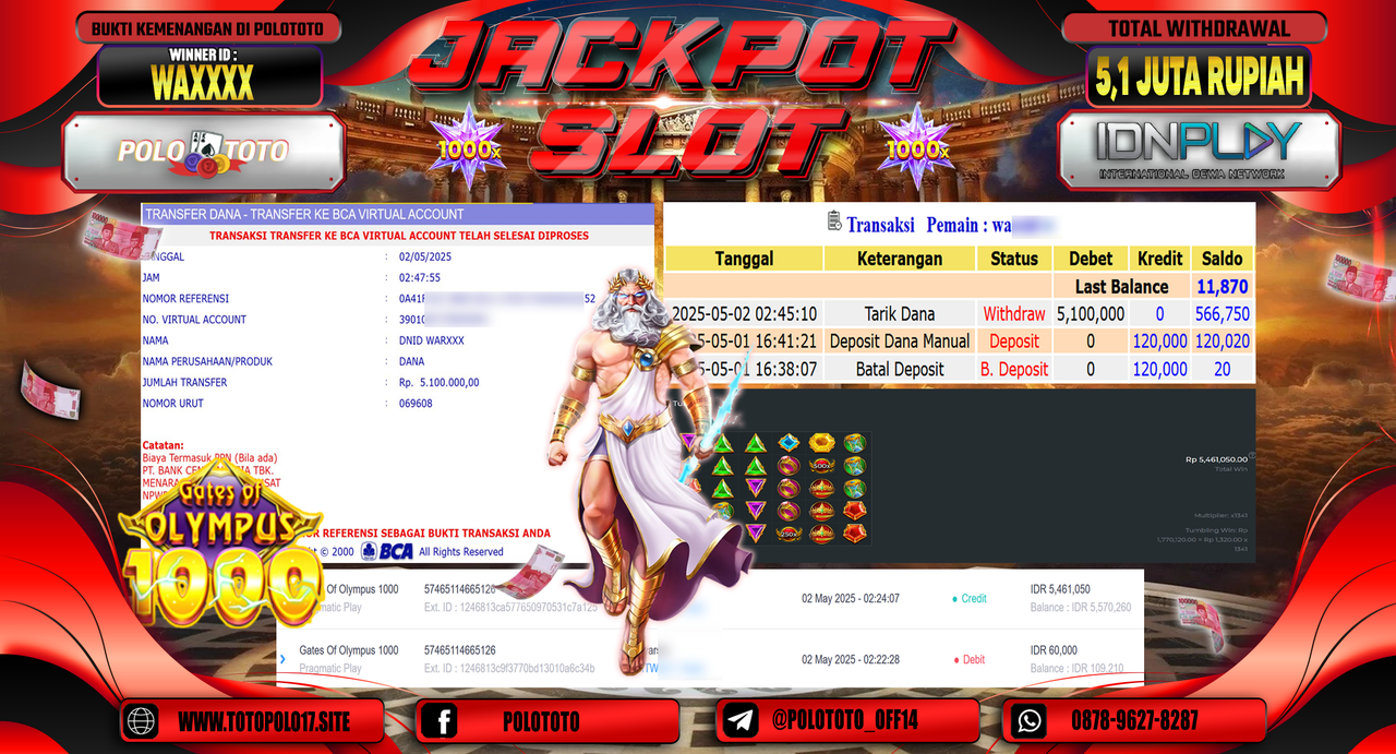 POLOTOTO JACKPOT SLOT GATES OF OLYMPUS 1000 Rp.5.100.000,-