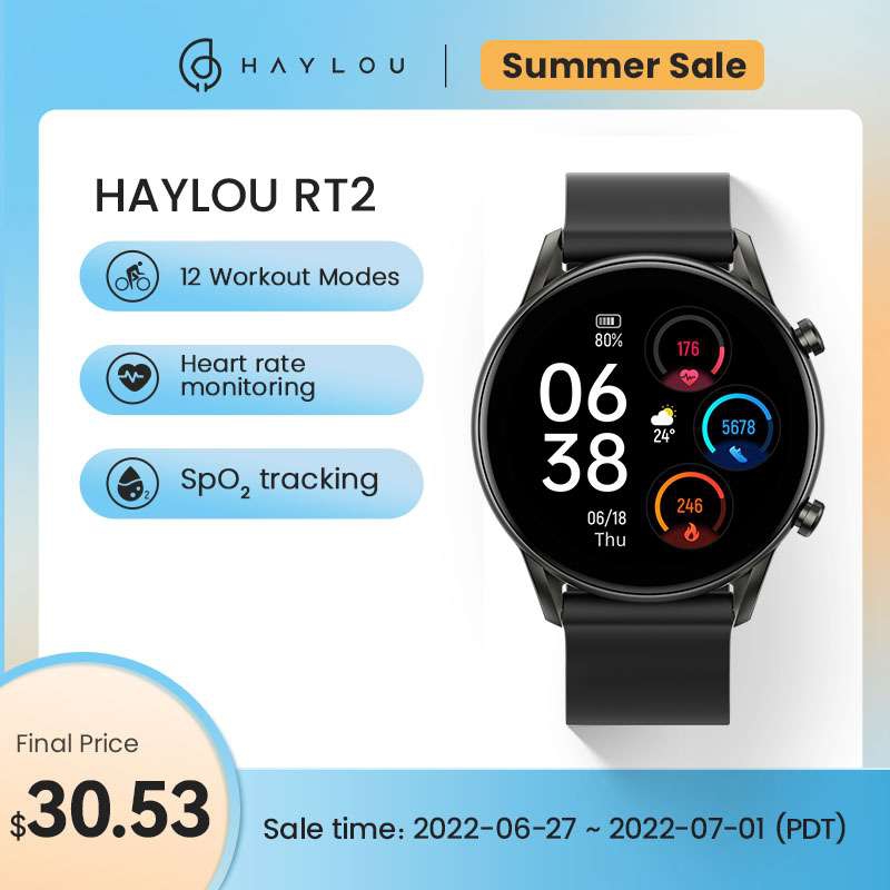 AliExpress Reloj inteligente marca Haylou RT2 con monitor de oxígeno y ritmo cardíaco