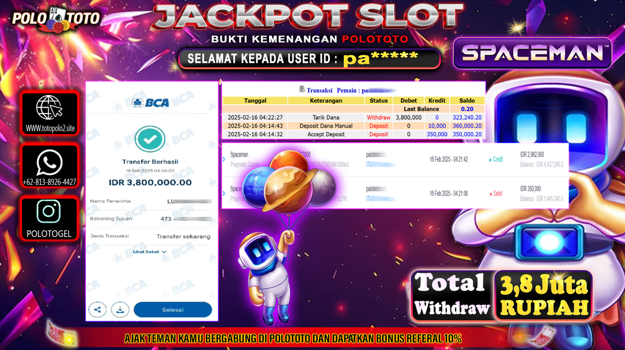 POLOTOTO JACKPOT SLOT SPACEMAN Rp.3.800.000,-