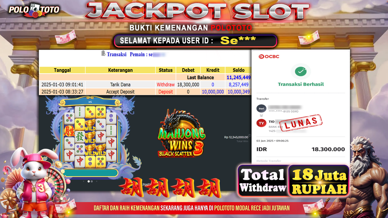 POLOTOTO JACKPOT SLOT MAHJONG WINS BLACK SCATTER 3 Rp.18,300.000,-