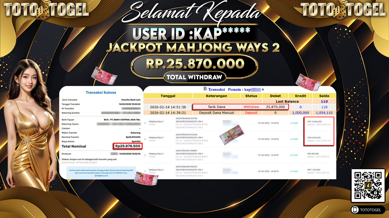 Bukti Pembayaran Jackpot Permainan Slot Mahjong Ways 2 ID:KAP*****LUNAS