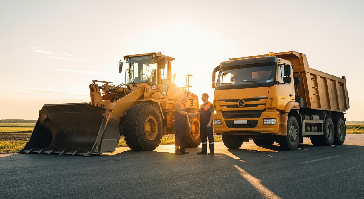Исправный фронтальный погрузчик на готовом участке дороги как результат использования качественных комплектующих и своевременного сервиса