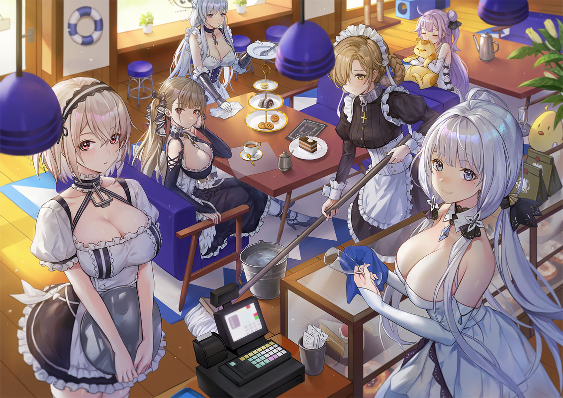 Ronachan.com - qa323177 animal azur_lane bird brown_eyes brown_hair cake dress drink food gray_hair 