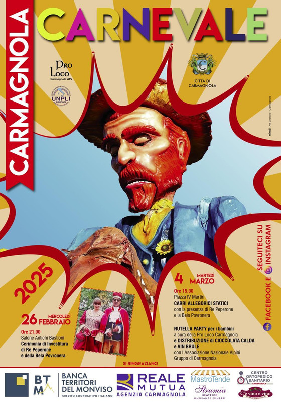 Carnevale di Carmagnola (To) il 26 febbraio e il 4 marzo con investitura Re Peperone, carri allegorici, giochi, animazioni Carnevale di Carmagnola (To) il 26 febbraio e il 4 marzo con investitura Re Peperone, carri allegorici, giochi, animazioni