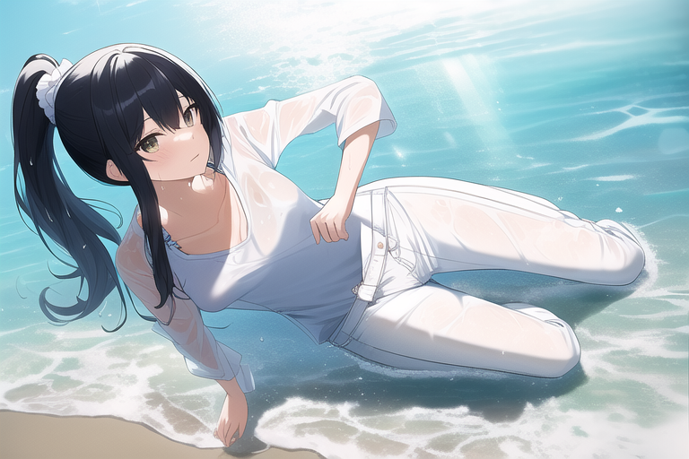 Best quality, masterpiece, small breasts, wet clothes, beautiful light, beach, s s-719278460