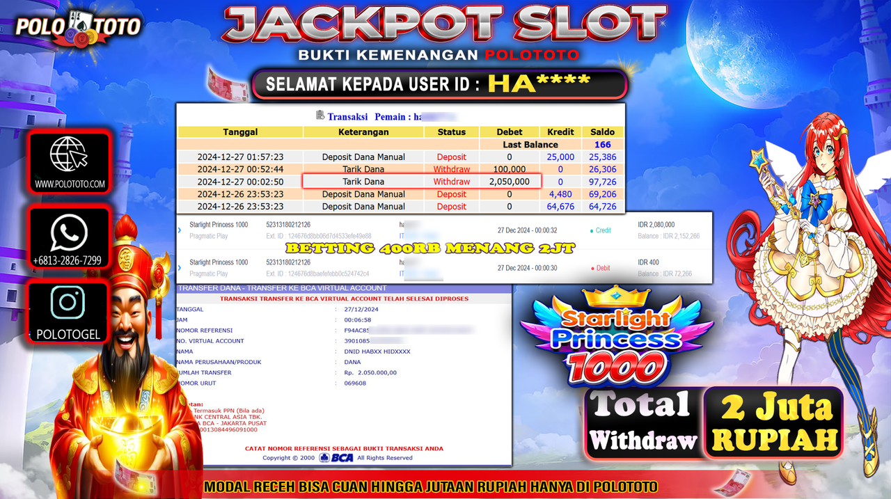 POLOTOTO JACKPOT SLOT STARLIGHT PRINCESS 1000 Rp.2,050.000,-