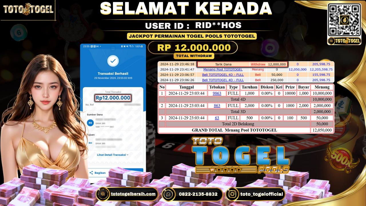Bukti Pembayaran Jackpot Permainan Togel Pools TotoTogel ID: RID**HOS LUNAS 