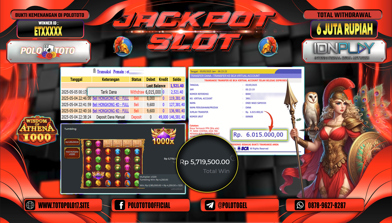 POLOTOTO JACKPOT SLOT WISDOM OF ATHENA Rp.6.000.000,-