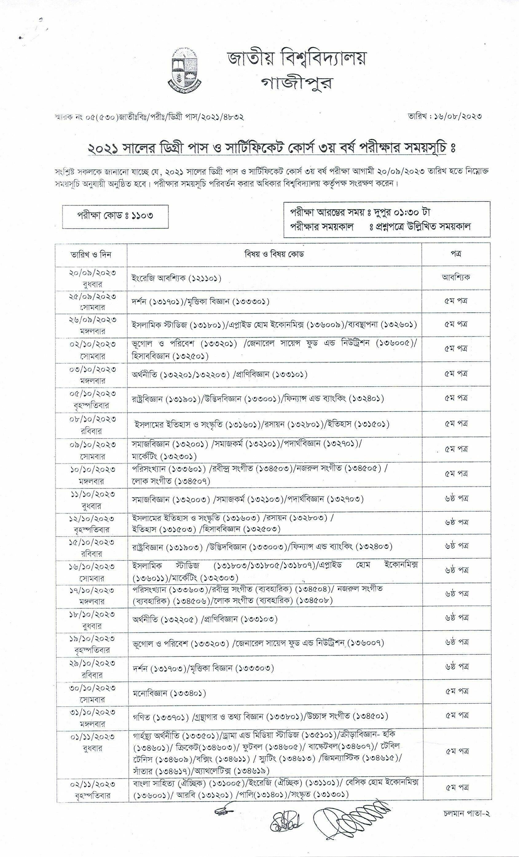 NU Degree 3rd year Exam Routine 2023