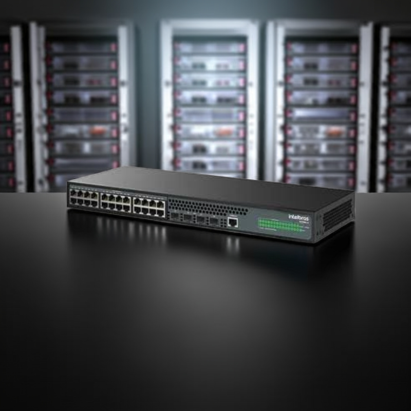 Switch Intelbras S2328G-PA em um ambiente de rack.