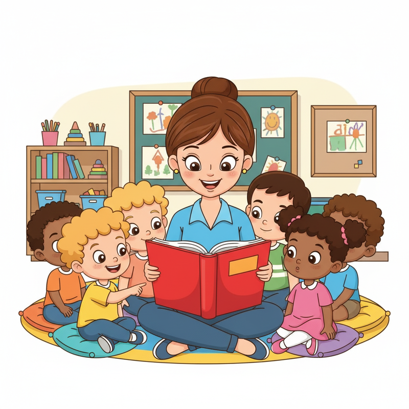 Maestra leyendo a un grupo de niños.