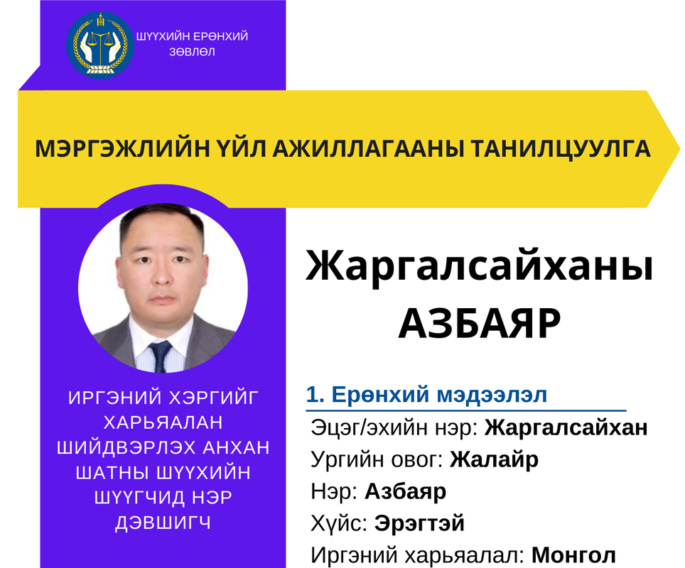 Иргэний хэргийг харьяалан шийдвэрлэх анхан шатны шүүхийн шүүгчид нэр дэвшигч Ж.Азбаярын мэргэжлийн үйл ажиллагааны танилцуулга