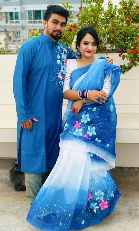 Hand Print Sharee Panjabi Couple Set