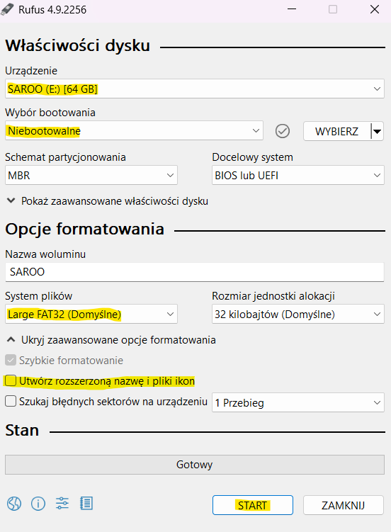 Okno programu RUFUS