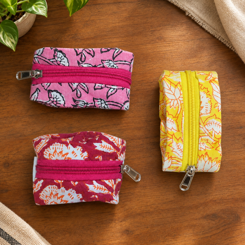 Qyaari by Penkraft Hand Block Printed Wrist Pouches – Set of 3 Pattern 3