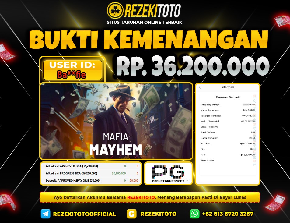 BUKTI KEMENANGAN 07 JUNI 2025 MAFIA MAYHEM 36,200,000 JUTA 