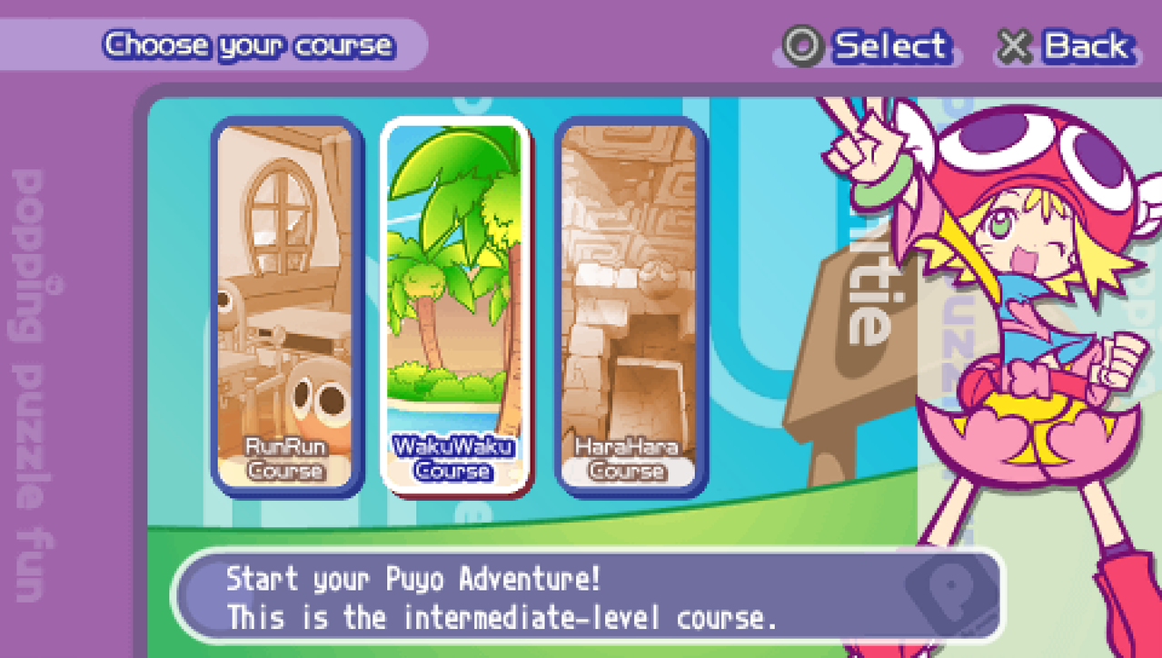 A screenshot of the Choose Your Course screen for the School mode, the 3 courses are the RunRun Course, WakuWaku Course, and the HaraHara Course. The player is hovered over the WakuWaku Course, and it states: "Start your Puyo Adventure! This is the intermediate-level course."