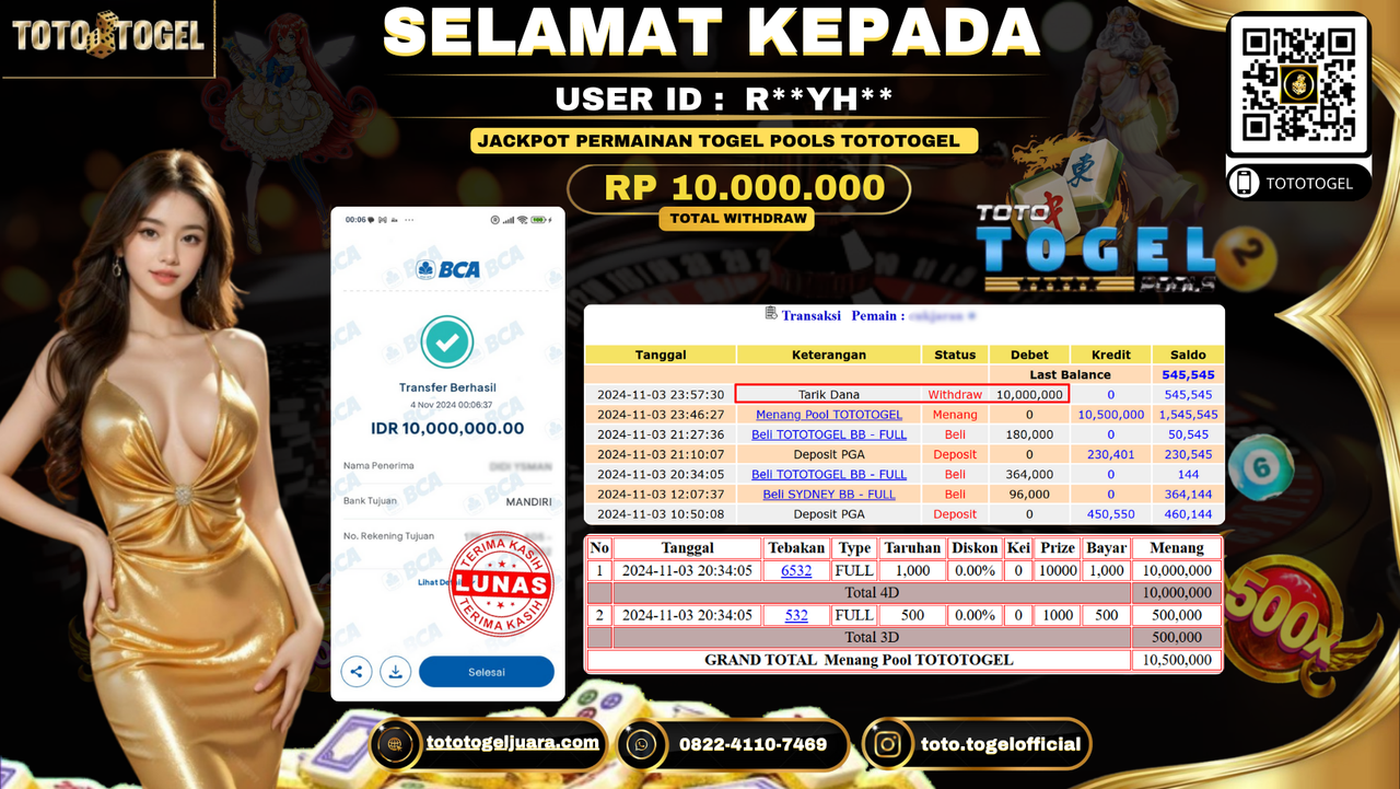 Bukti Pembayaran Jackpot Permainan Togel Pools TotoTogel ID:R**YH* LUNAS 