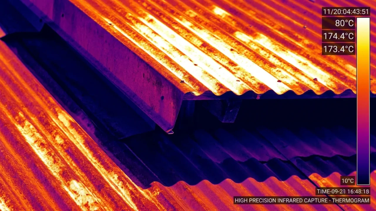 Infrared thermal image showing heat distribution on metal roof panels in San Antonio summer conditions