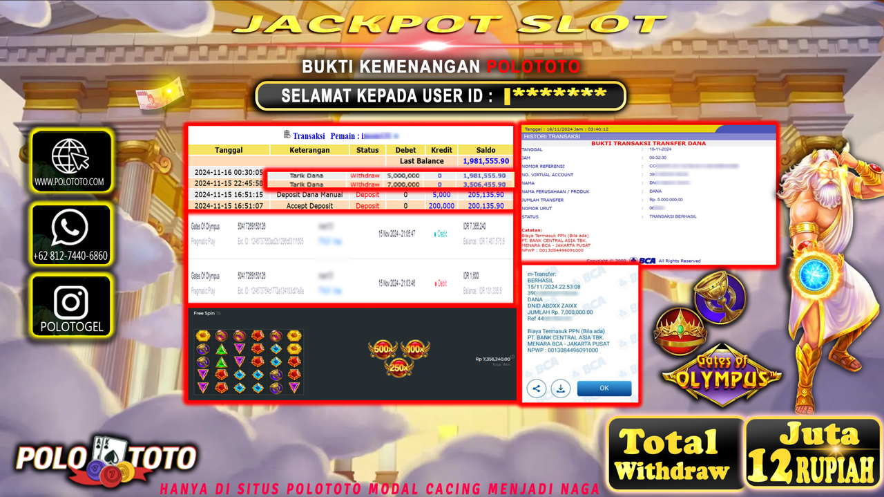 POLOTOTO JACKPOT SLOT GATES OF OLYMPUS Rp.12.000.000,- 