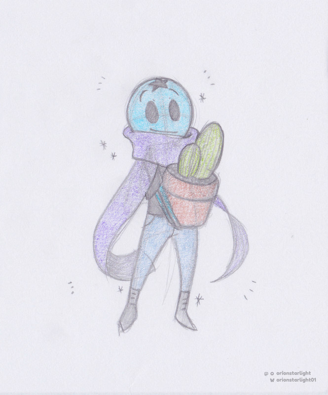 My drawing of my oc, Orion, holding a potted cactus. He is standing up while smiling at the viewer.