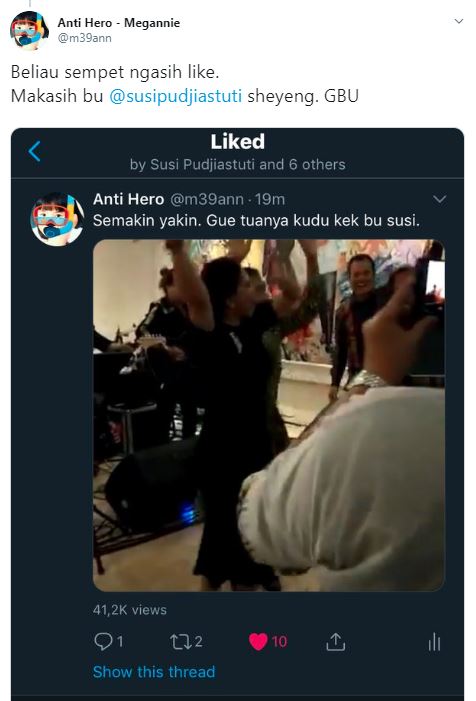 Susi Pudjiastuti menyukai posting-an @m39ann (Twitter)