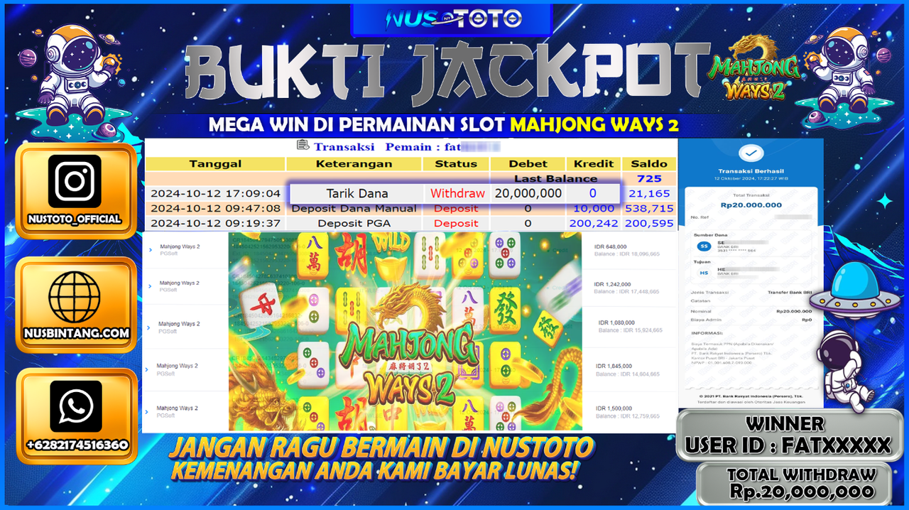 JACKPOT !! MENANG BESAR DI SLOT MAHJONG WAYS 2 Rp. 20.000.000 LANGSUNG DI BAYAR LUNAS NUSTOTO !!