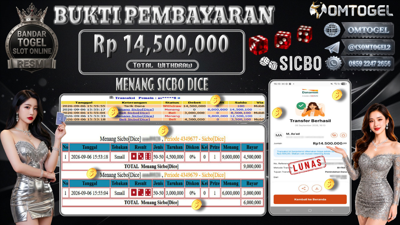 OMTOGEL JACKPOT MEMANG SICBO DICE Rp.14,500,000,- DIBAYAR LUNAS