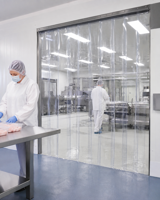 Barreira flexível lavável para separação de área em ambiente industrial alimentício
