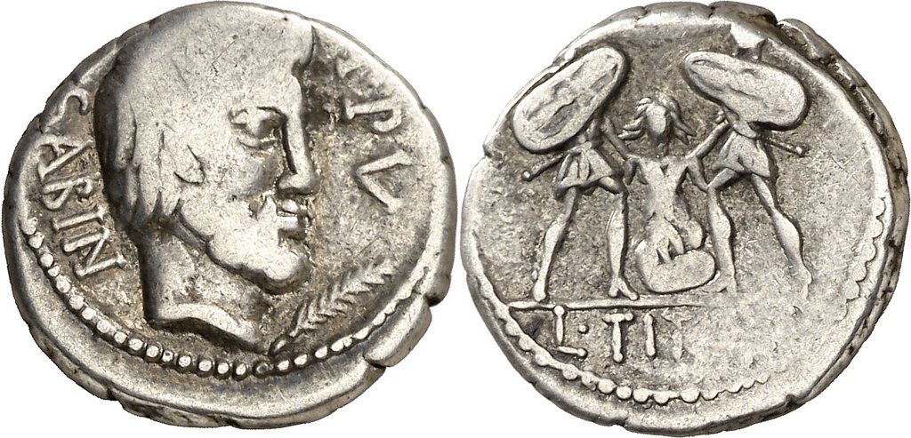 Denario gens Tituria. L TITVRI. Tarpeya bajo los escudos. Roma. 1663164004835