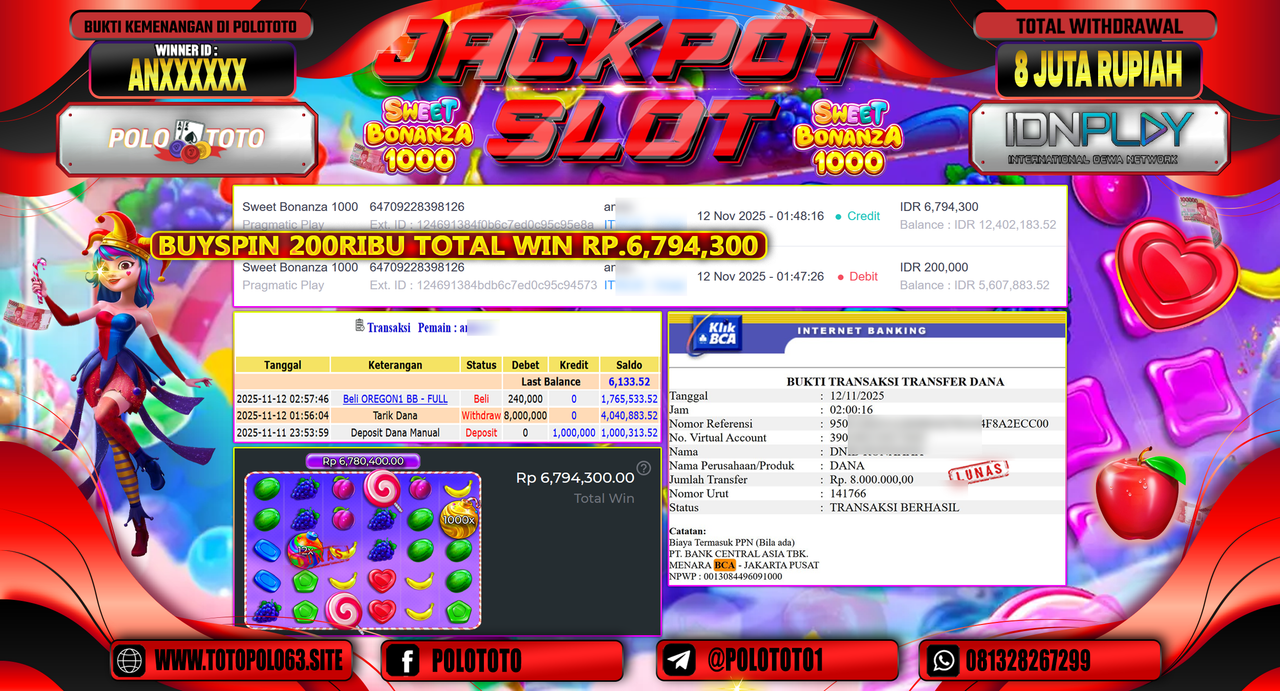 POLOTOTO JACKPOT SLOT SWEET BONANZA 1000 Rp.8.000.000,- LUNAS