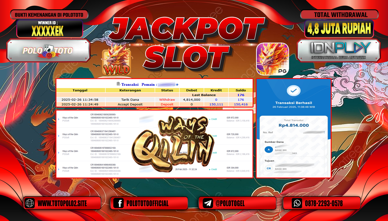 POLOTOTO JACKPOT SLOT WAYS OF THE QILIN Rp.4.814.000,-