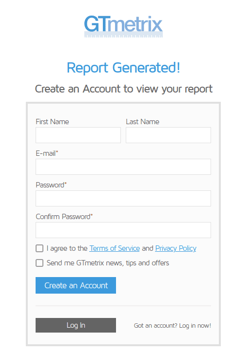 GTmetrix account login per visualizzare report