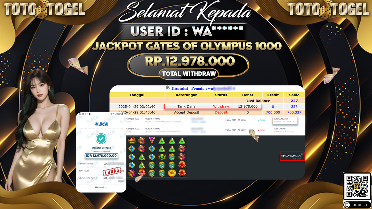 Bukti Pembayaran Jackpot  Permainan Slot Gates Of Olympus 1000 ID:WA***** LUNAS