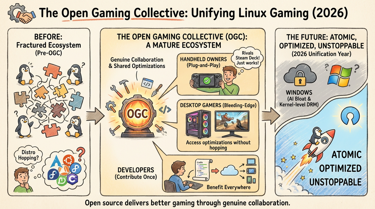 Linux Gaming Just Got a Major Upgrade: Open Gaming Collective Unites Top Distros 1 Multiple computer monitors displaying colorful Linux desktop environments